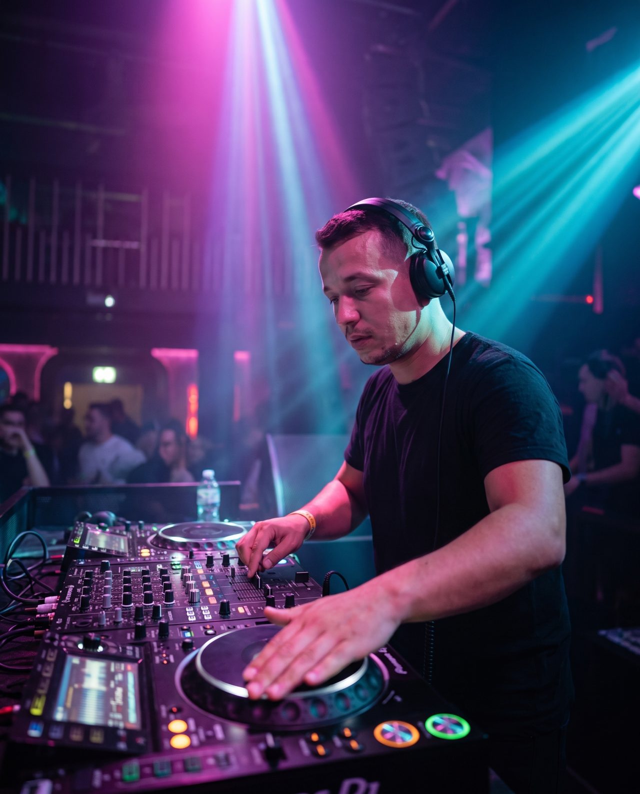 DJ Liviu mixând la pupitru, sub luminile scenei